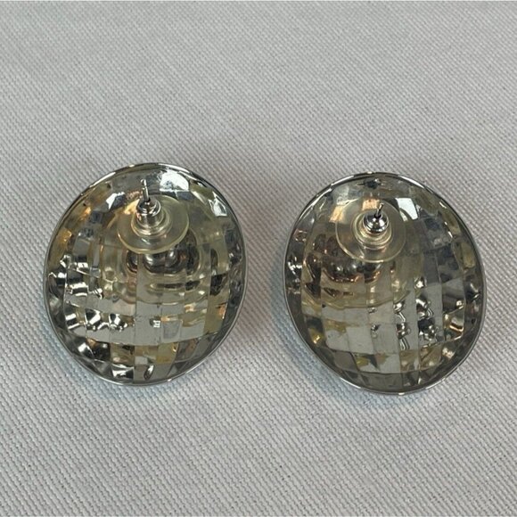 Vintage 80s Silver-Tone Faceted Oval Pierced Earrings Disco Ball Sparkly - Picture 5 of 6